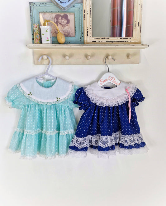 6-9 months bundle. Navy Jolene vintage dress with white polka dot. Mint and white polka dot dress