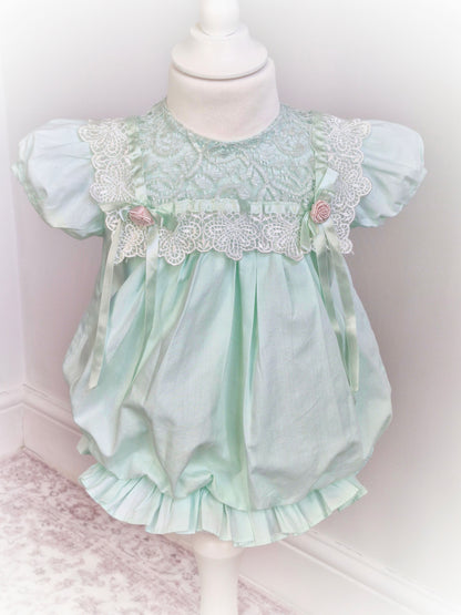 18 months. Mint Rare Editions vintage dress with puff sleeves, ribbon and lace bib