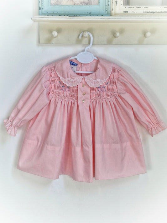 9-12 months. Pink Polly Flinders long sleeve vintage dress with embroidered collar and smocking