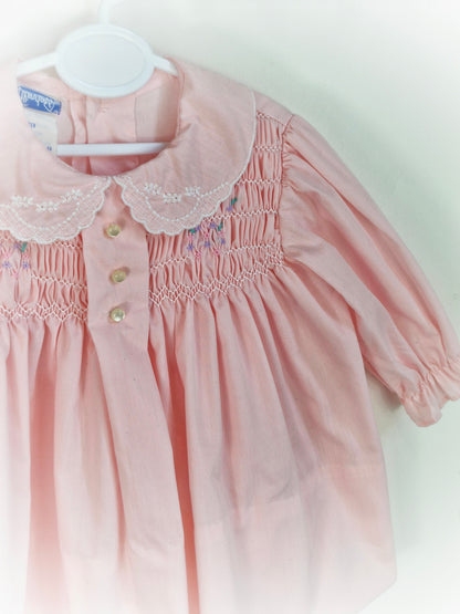 9-12 months. Pink Polly Flinders long sleeve vintage dress with embroidered collar and smocking