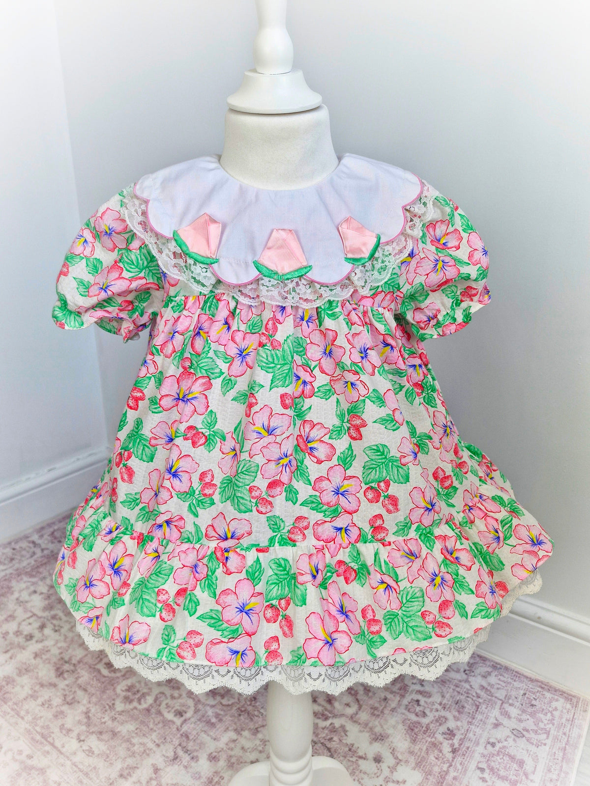 2 years. Vintage Tiny Togs dress with flowers & strawberry print, white bib and satin pink tulips