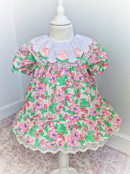 2 years. Vintage Tiny Togs dress with flowers & strawberry print, white bib and satin pink tulips