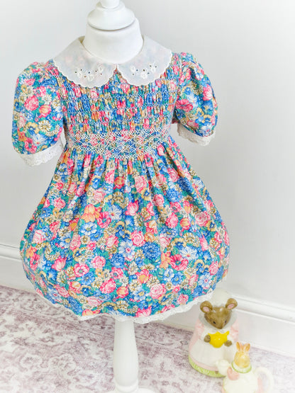 3-4 years. Vintage floral smock dress with broderie anglais collar and trim