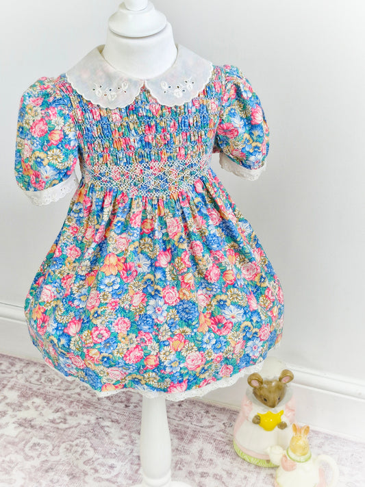 3-4 years. Vintage floral smock dress with broderie anglais collar and trim