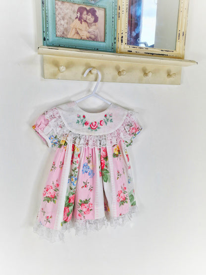 18 months. Pink and white vintage dress with embroidered bib and lace