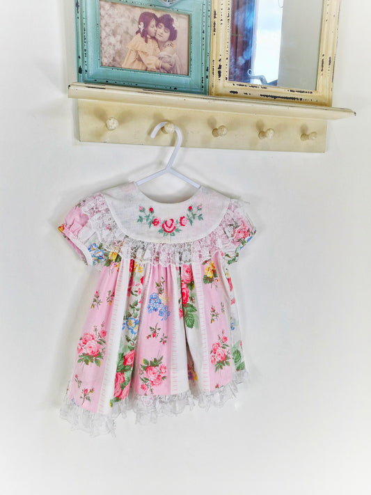 18 months. Pink and white vintage dress with embroidered bib and lace