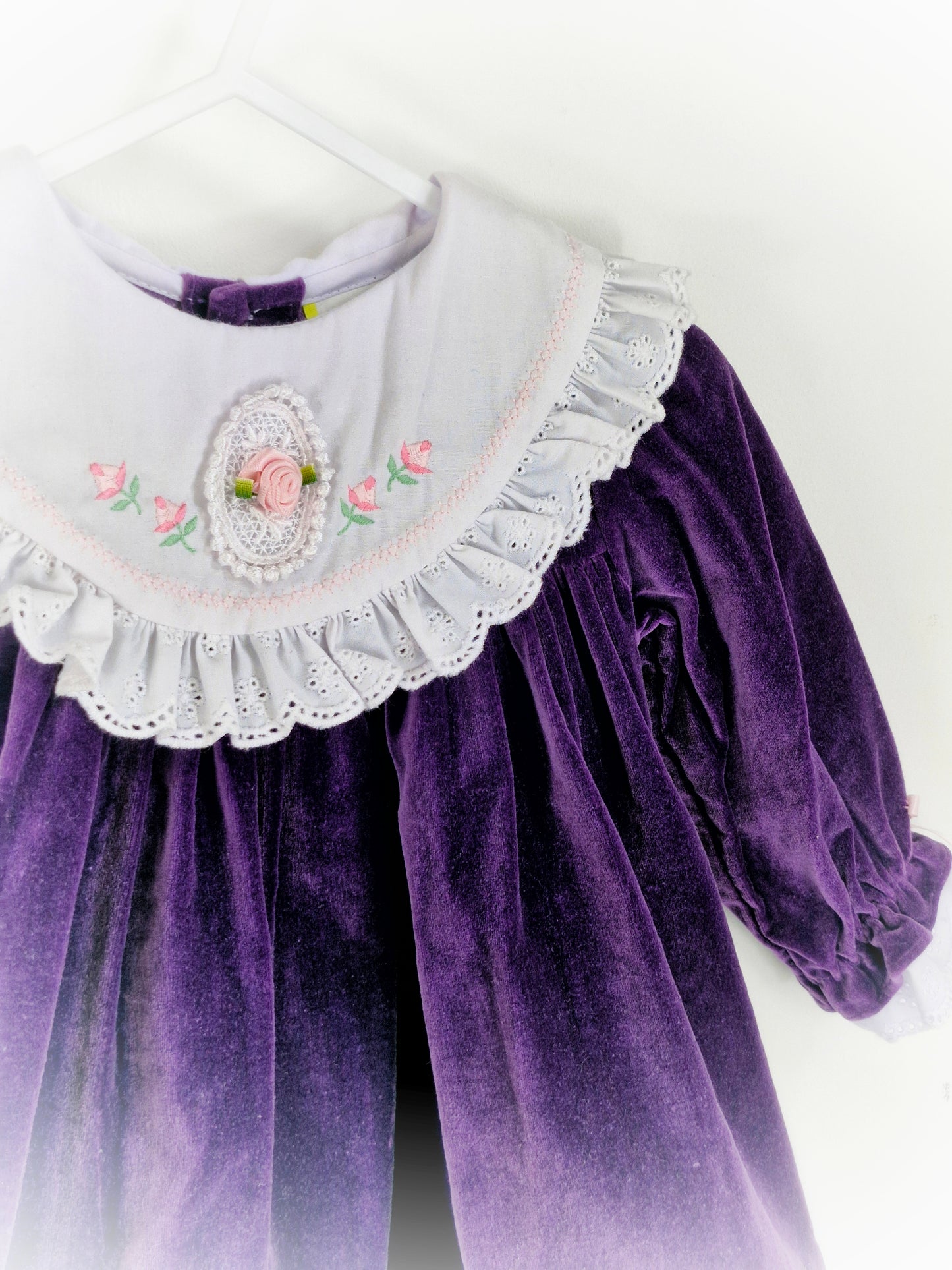 9-12 months. Purple vintage velvet long sleeve dress with white bib and rose details