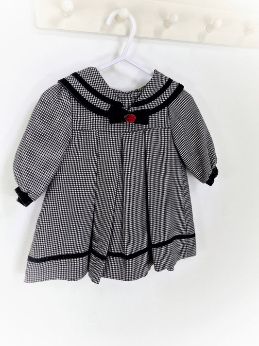 12 months. Black and white vintage dress with velour bow and red rosette