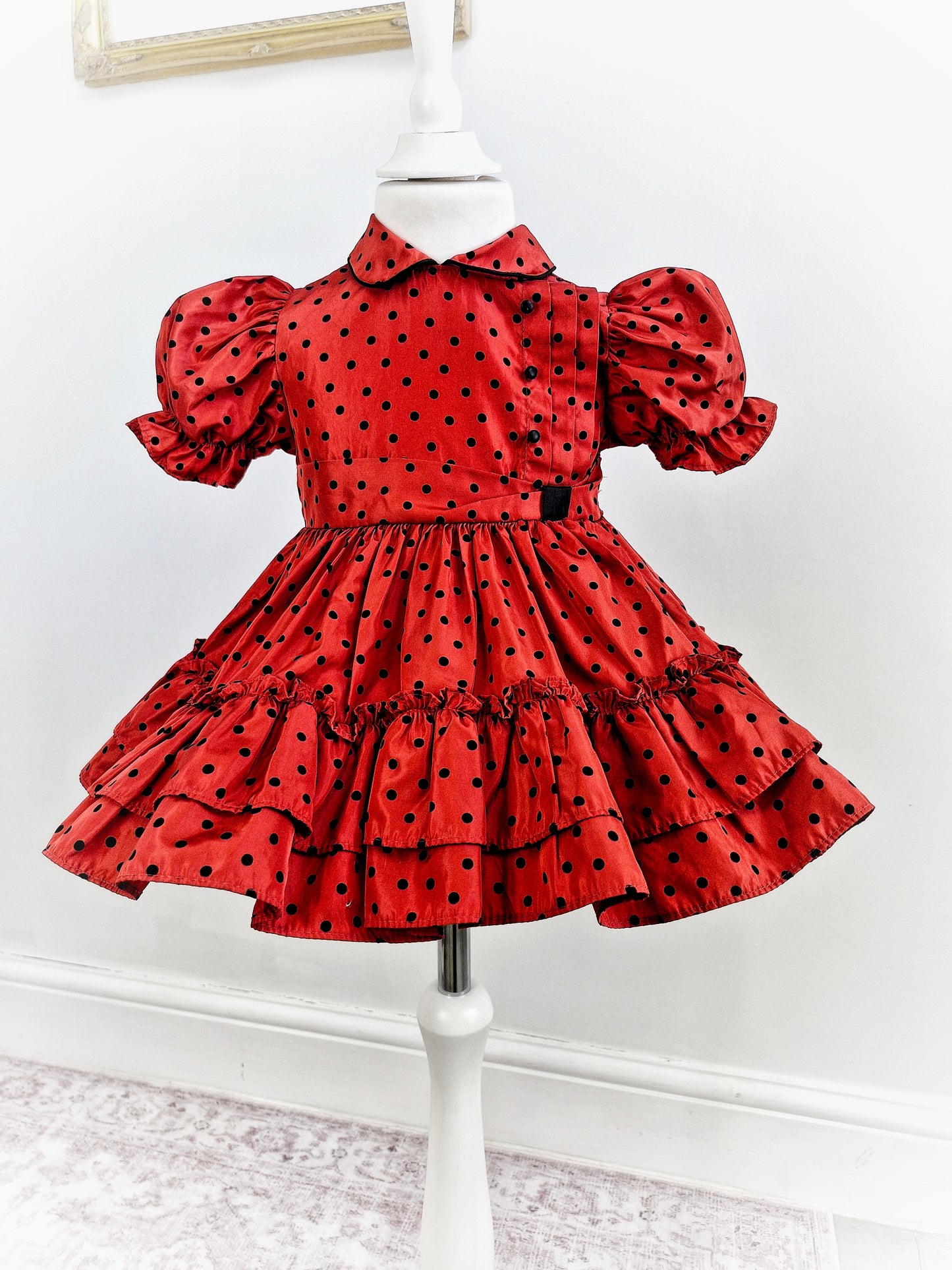 18-24 months. Red vintage dress with black spots, puff sleeves and collar