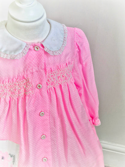 3-4 years. Pink Polly Flinders smock butron down dress with white Peter Pan collar and cute elephant pocket
