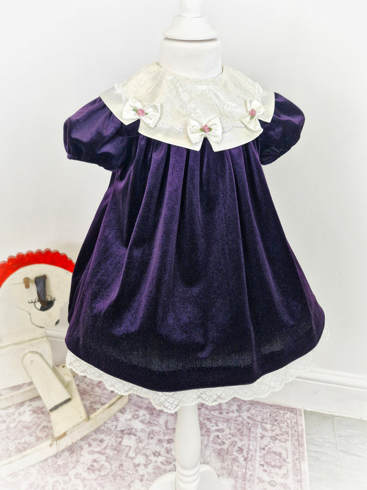 2-3 years. Deep purple velour vintage dress with cream satin/lace bib, bows and pink roses by Bonnie Jean