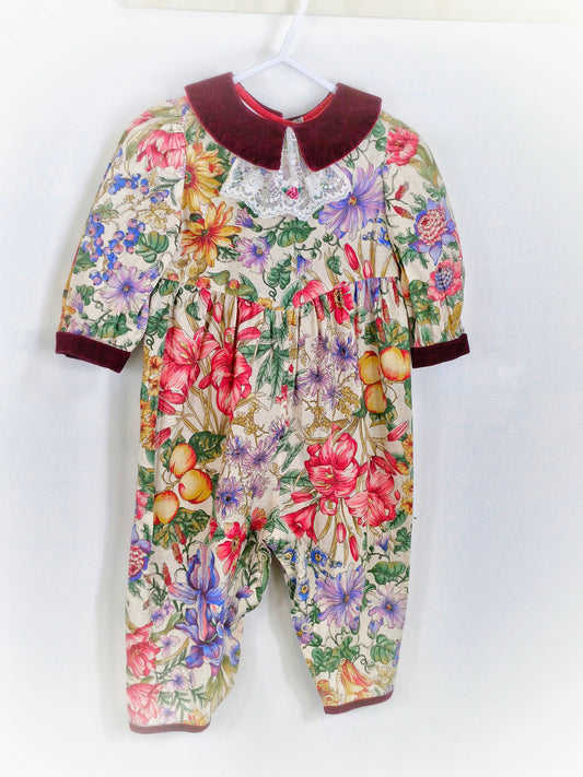 12-18 months vintage autumnal romper with burgundy corduroy collar and cuffs and lace detailing