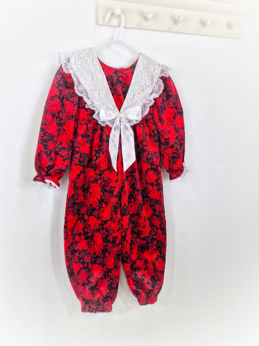 2-3 years. Black and red vintage velour romper with white lace collar and satin bow