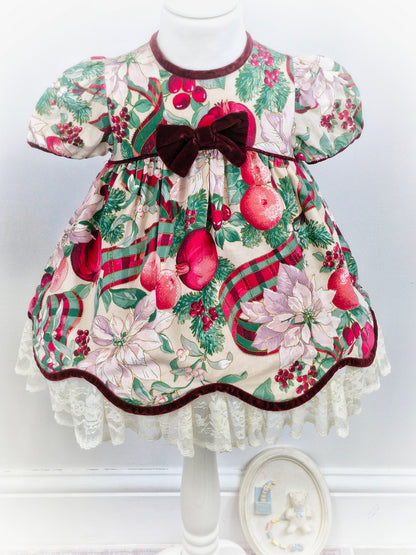 2 years. Vintage Bonnie Baby dress with fruits and flowers. Lace hem and burgundy velour bow
