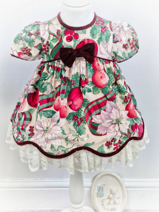 2 years. Vintage Bonnie Baby dress with fruits and flowers. Lace hem and burgundy velour bow