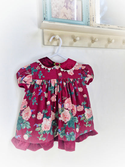 9-12 months. Burgundy vintage floral dress with velour collar