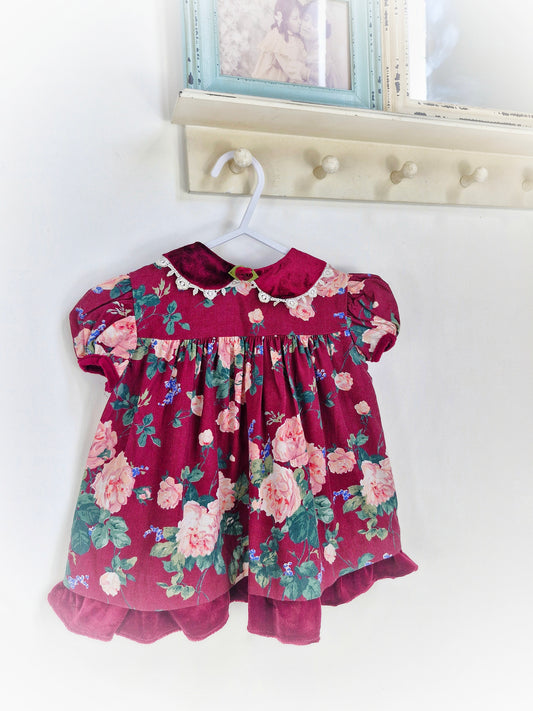 9-12 months. Burgundy vintage floral dress with velour collar