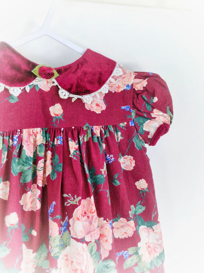 9-12 months. Burgundy vintage floral dress with velour collar