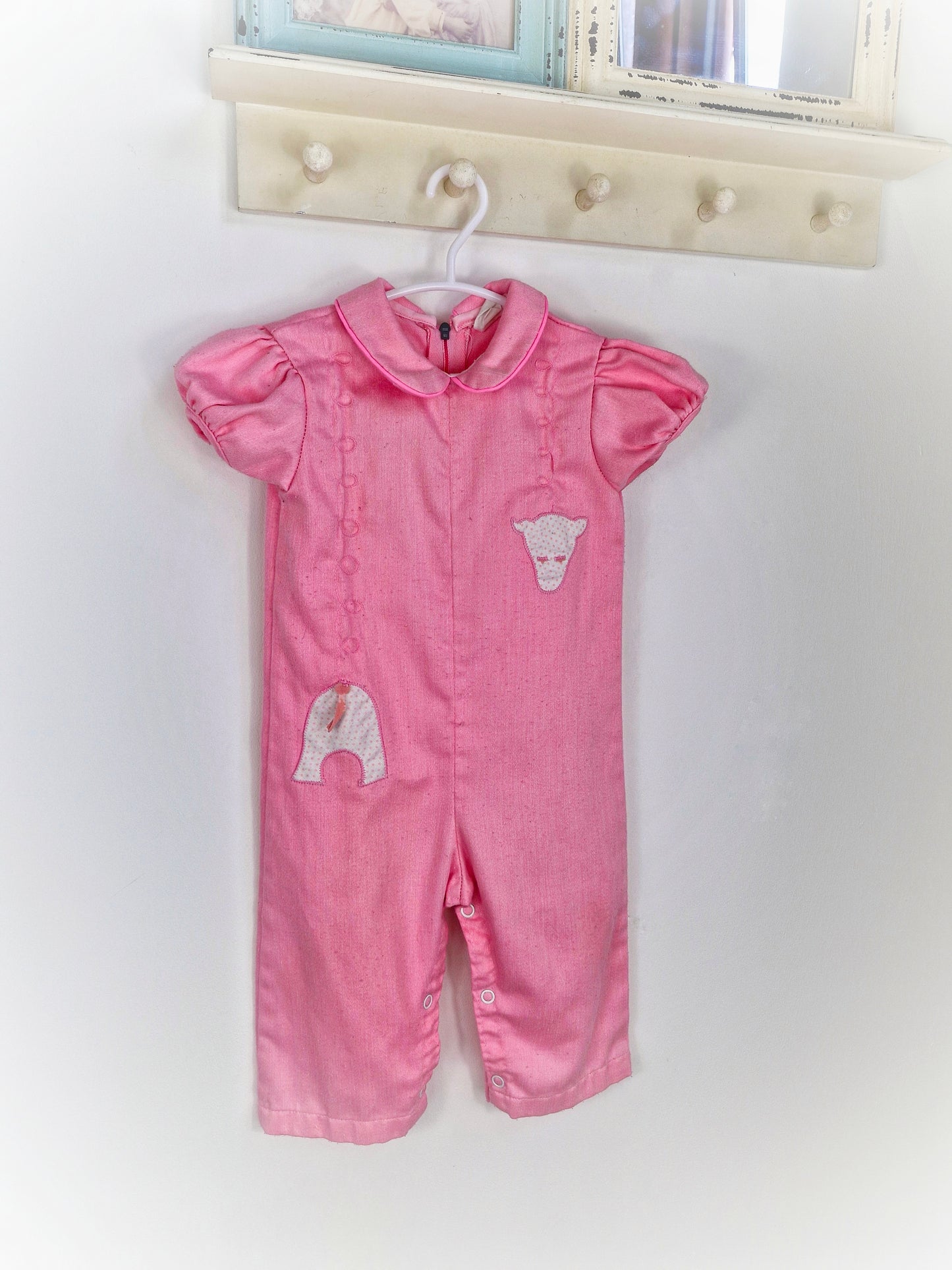 9-12 months. Pink vintage giraffe romper