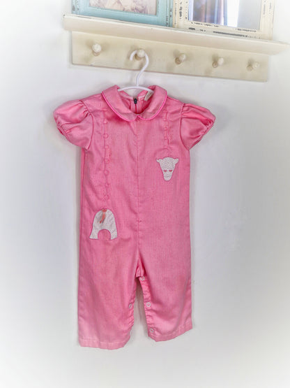 9-12 months. Pink vintage giraffe romper
