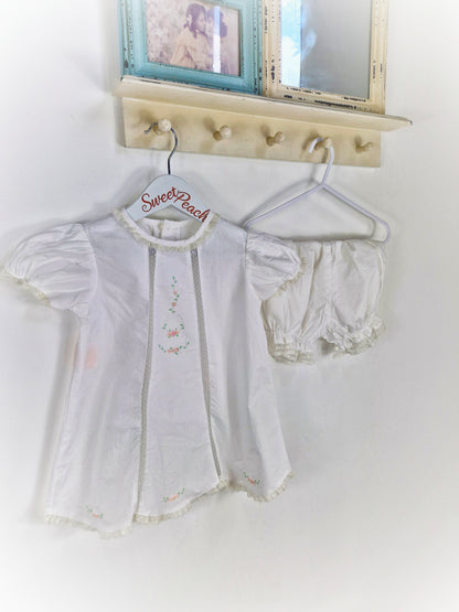 2 years. Two piece set, white dress with delicate embroidered flowers and bloomers
