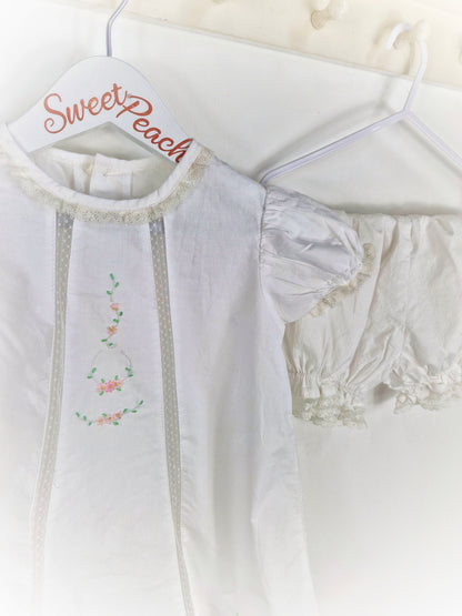 2 years. Two piece set, white dress with delicate embroidered flowers and bloomers