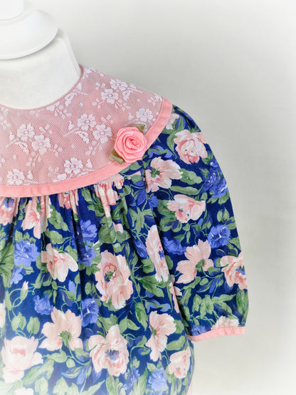 18-24 months. Blue and pink vintage floral dress with large pink lace bib