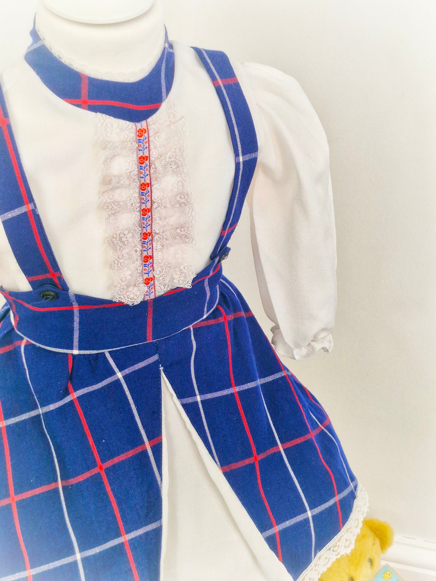 3 years. Vintage dress, white with navy checked mock apron and white lace