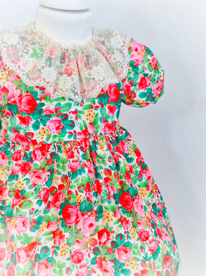 2-3 years. Vintage Sylvia White floral dress with white lace bib