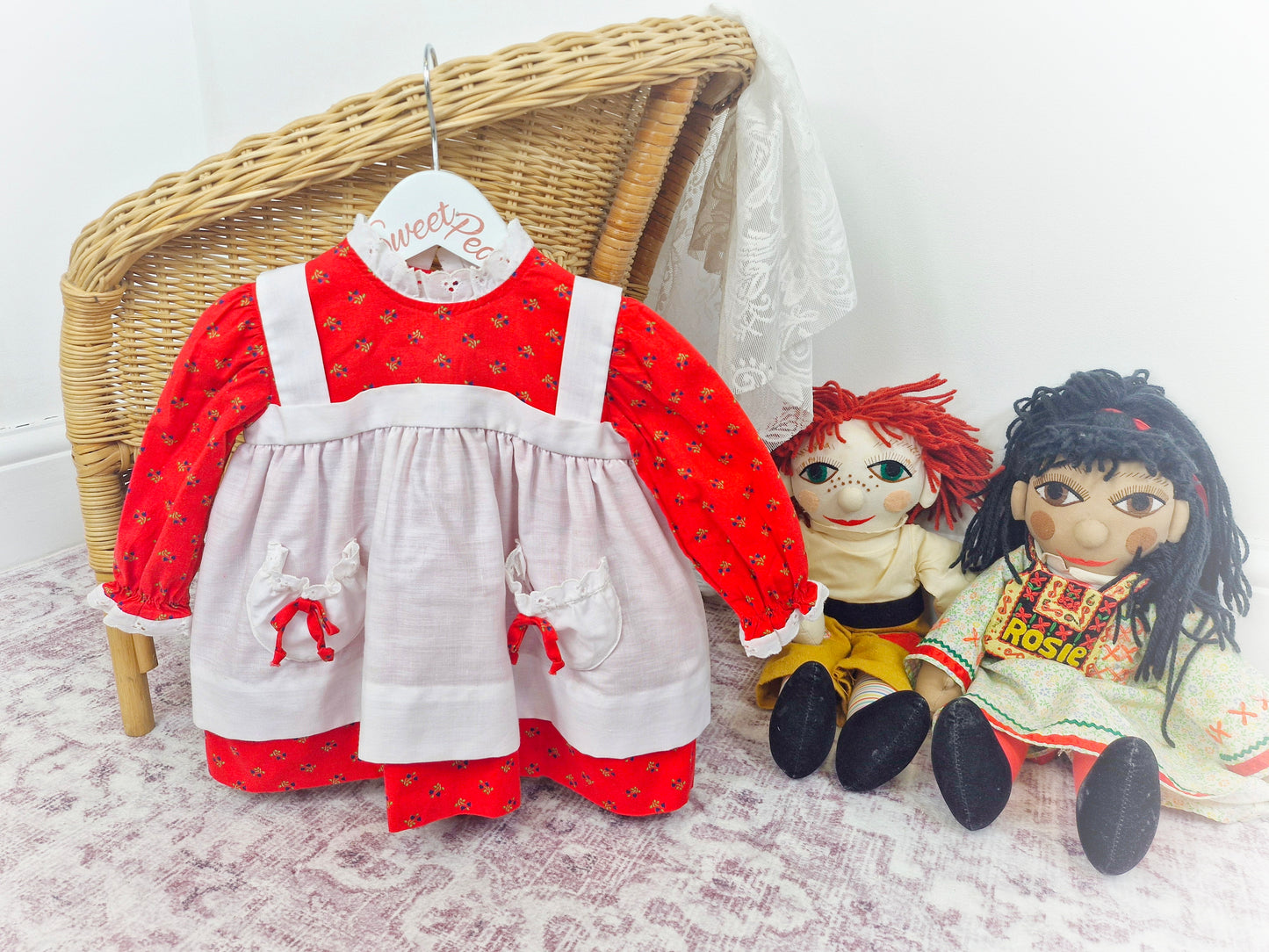 12 months. Long sleeve red floral vintage dress with white pinny