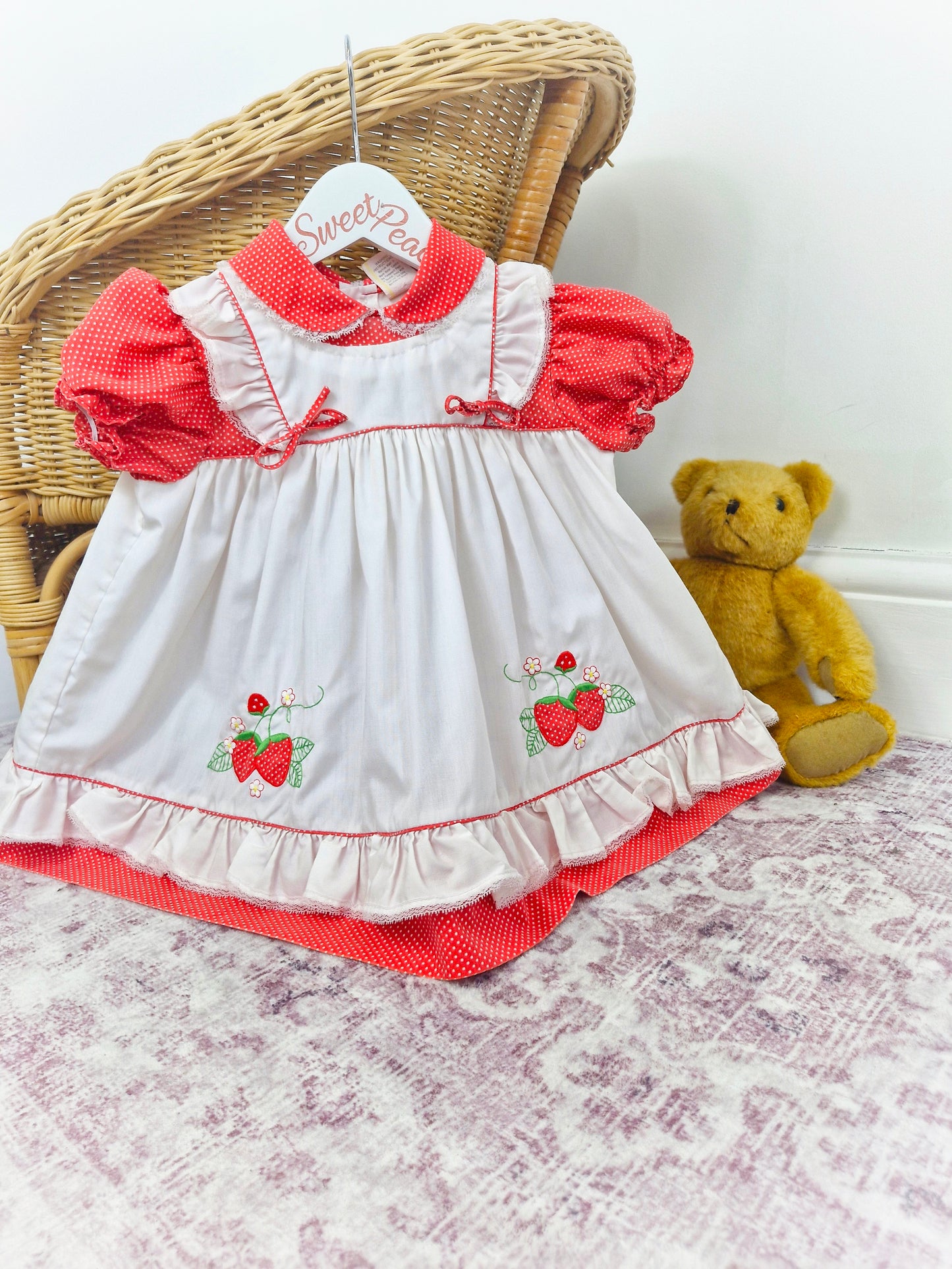 18-24 months. Red and white vintage strawberry dress