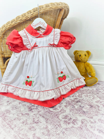 18-24 months. Red and white vintage strawberry dress