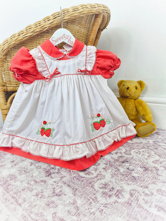 18-24 months. Red and white vintage strawberry dress