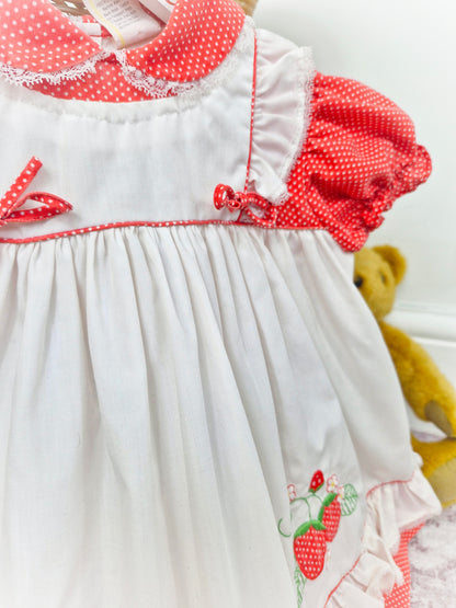 18-24 months. Red and white vintage strawberry dress