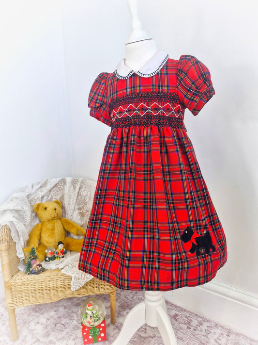 5-6 years. Little Bitty tartan smocked dress with white collar and scotty dog