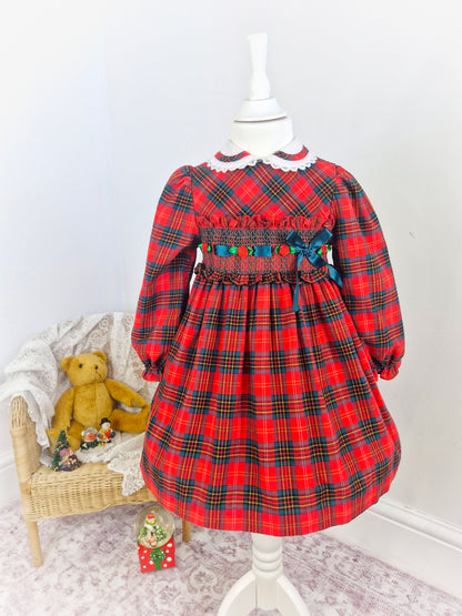 4 years. Vintage tartan dress with white collar, smocking, ribbon and rosettes