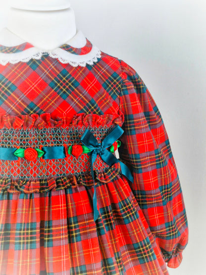4 years. Vintage tartan dress with white collar, smocking, ribbon and rosettes