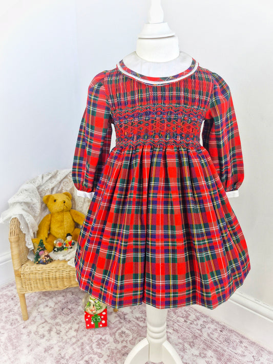 3-4 years. Brand new with tags- Red tartan smocked dress, vintage Jeffrey Ohrenstein
