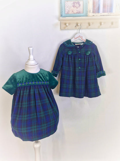 2 years. Vintage coat and dress set from Little Bitty, navy and green tartan with velour details.