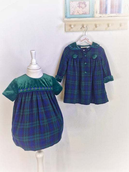 2 years. Vintage coat and dress set from Little Bitty, navy and green tartan with velour details.