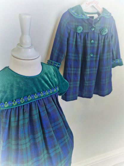 2 years. Vintage coat and dress set from Little Bitty, navy and green tartan with velour details.