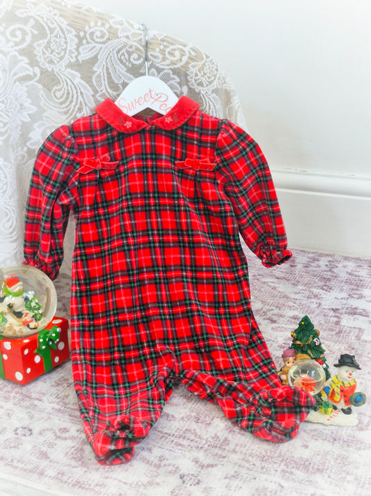 3-6 months. Vintage inspired tartan sleepsuit with embroidered collar