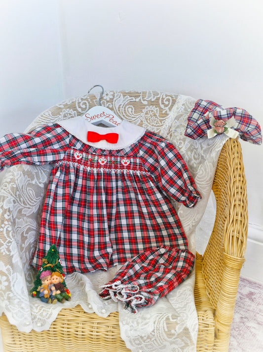 9-12 months. Checkered dress and bloomers set with smocking. Free hat