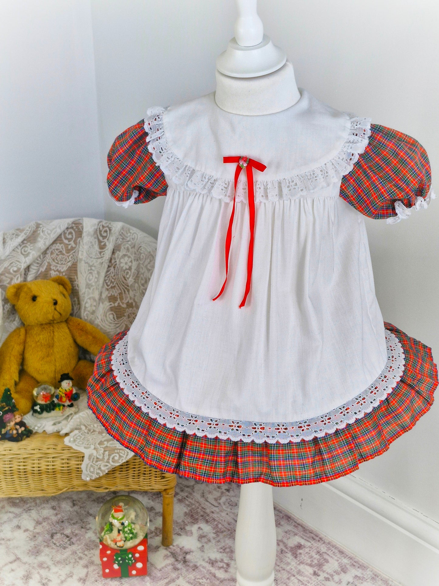 18-24 months. White and tartan vintage Sears with lace trim