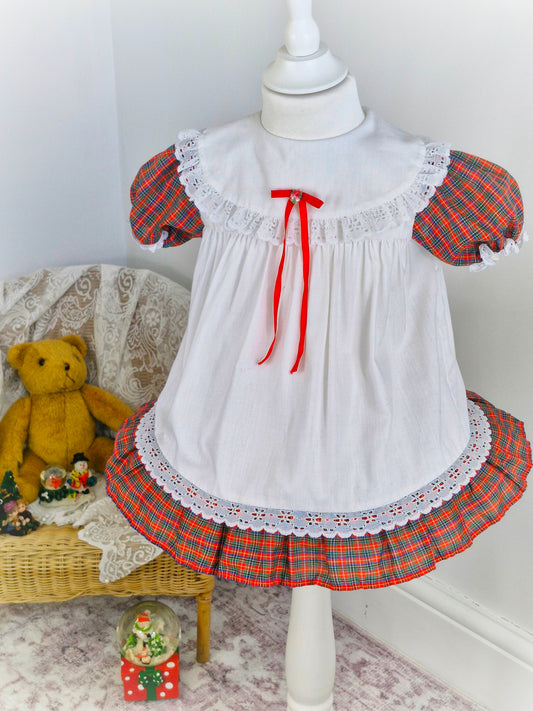 18-24 months. White and tartan vintage Sears with lace trim