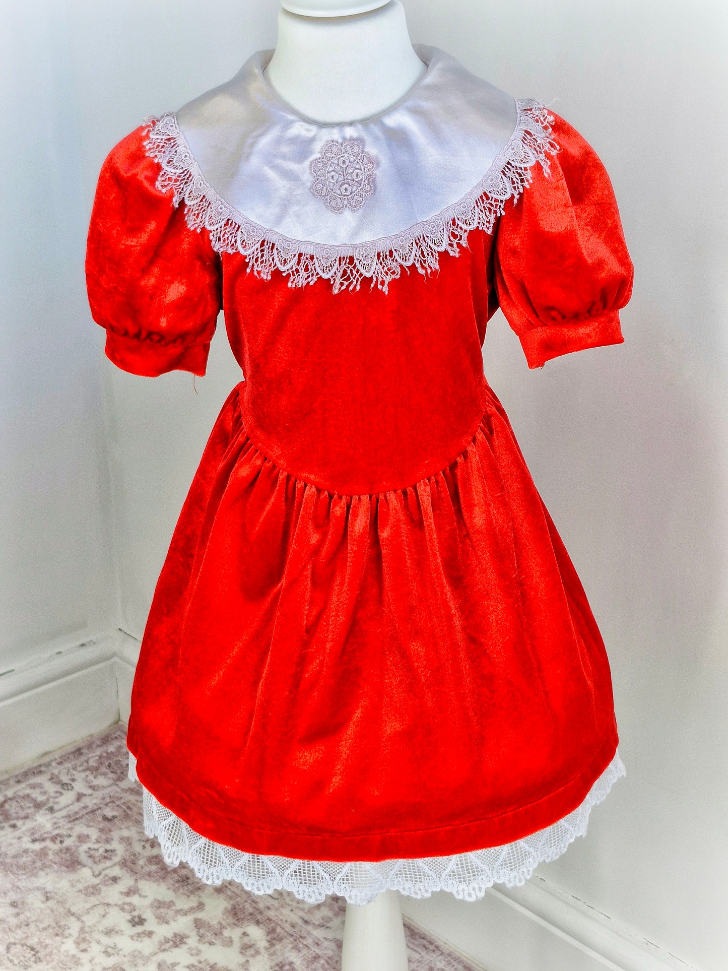 5-6 years. Red vintage velour dress with white satin and lace bib from Allison Ann