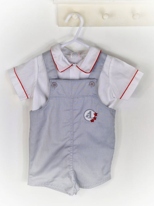 18-24 months. Two piece set, white shirt with red trim and grey dungarees
