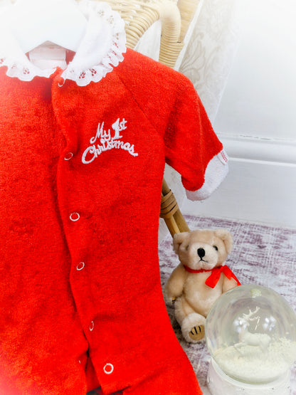 6-9 months. Red "My 1st Christmas" romper with white lace collar and feet