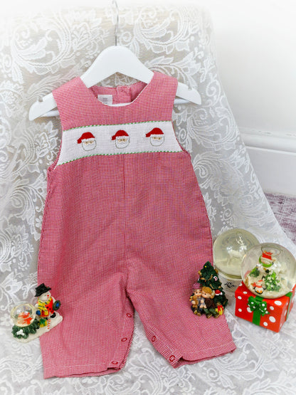 18 months. Red and white gingham romper with white smocking and embroidered Santa faces
