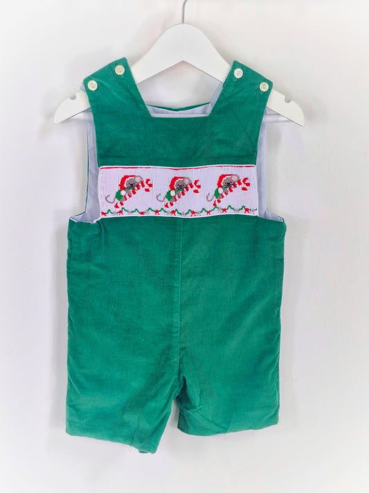 12 months. Green corduroy romper with smocking and embroidered mice with Christmas hats & candy canes